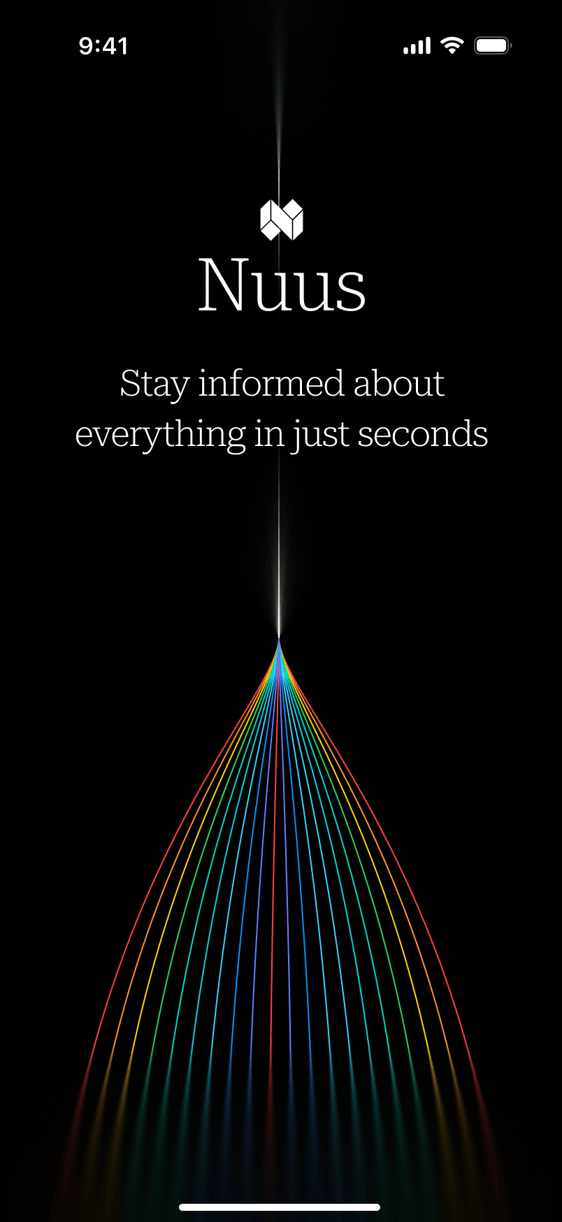Nuus news app onboarding — a light beam forming the spectrum prism